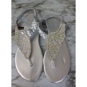 Silver Rhinestone Wing Flat Sandals Shoes Size 11
